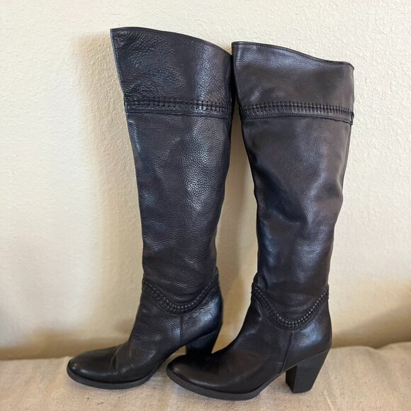 United Colors Of Benetton Black Leather Heeled Knee Hight Boots Sz 9-9.5 - Picture 1 of 15